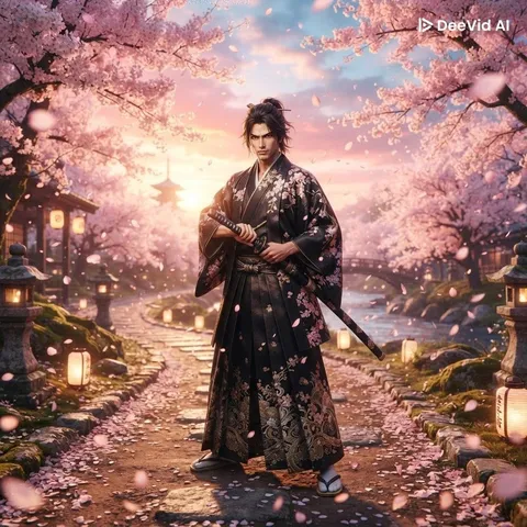 桜舞う古道の侍