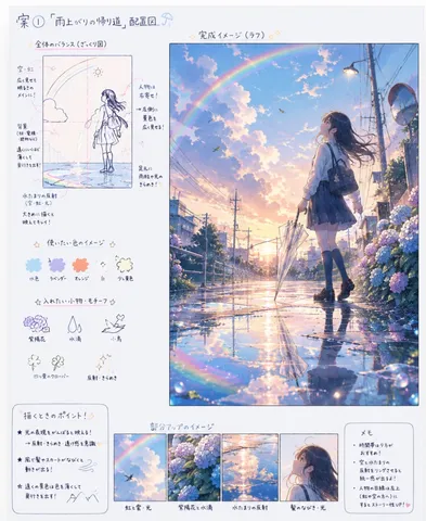 虹と夕焼け、少女の帰り道