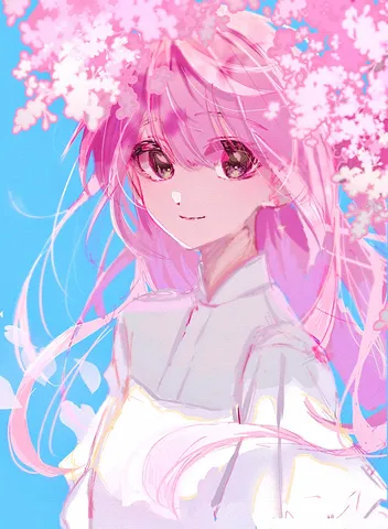桜と青空に映えるピンクの髪