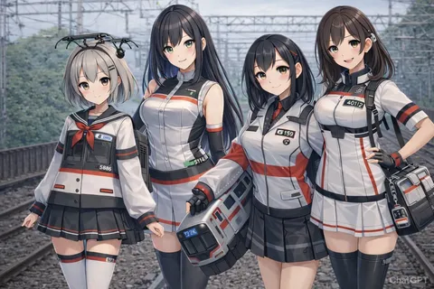 線路に集う四人の鉄道娘