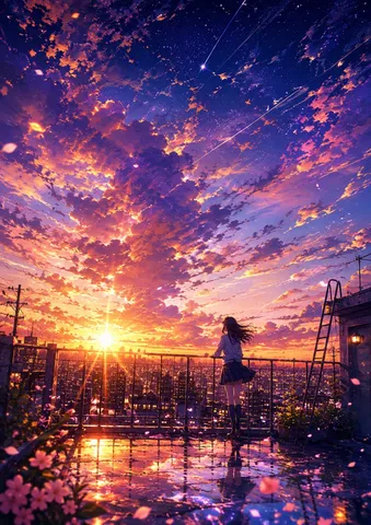夕映えと星が瞬く都市の空