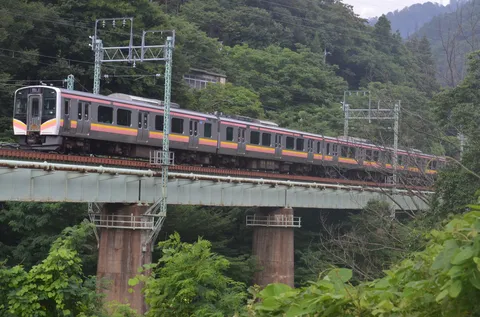 山里を走る長い列車