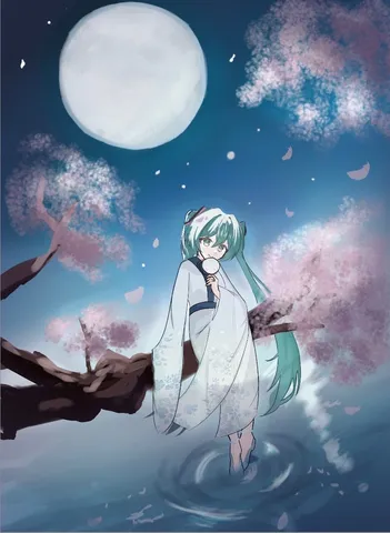 桜舞う月夜の水辺