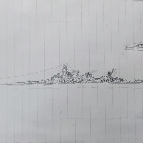 鉛筆で描かれた巨大な軍艦