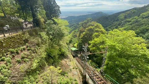 新緑の山を行くケーブルカー