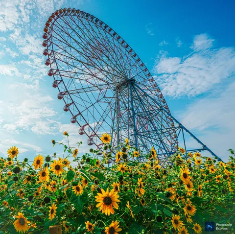 見上げる夏空、ひまわりと観覧車の競演