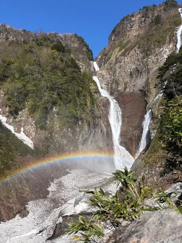 雄大な滝、そこに架かる虹
