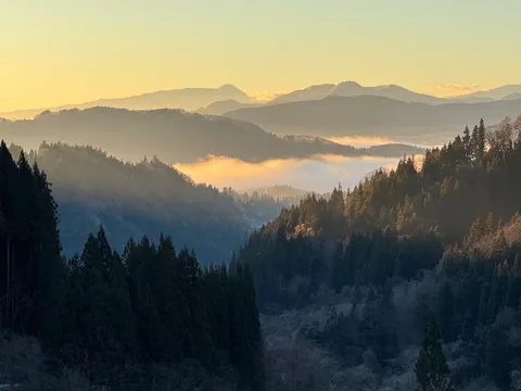 朝霧に染まる山並み