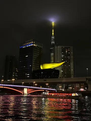都会の夜景と水面の光の共演