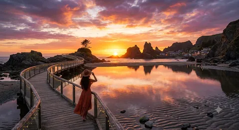 光る小道と絶景の夕暮れ