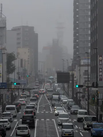 霧の中の都市、静かなる車の流れ