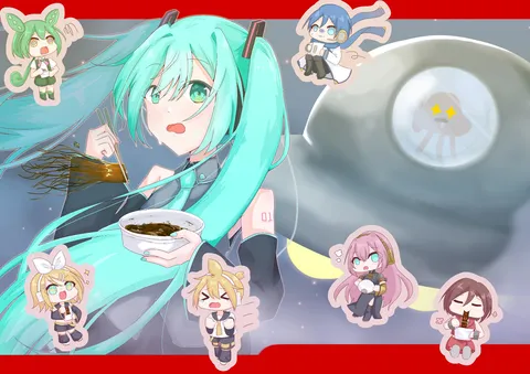 麺をすするミクとちびキャラたち