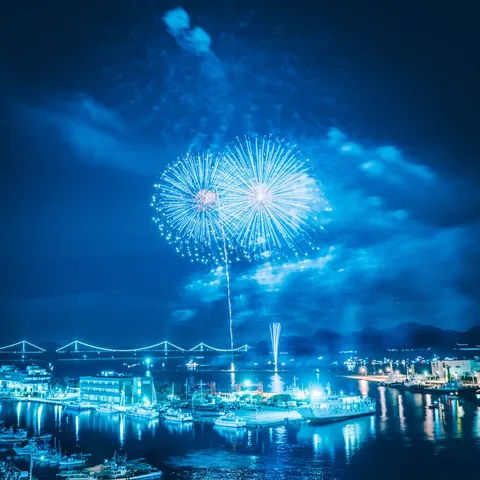 港の夜空に咲く光