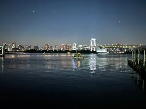 都会の夜景と水辺の小舟