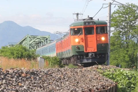緑の橋とオレンジの列車