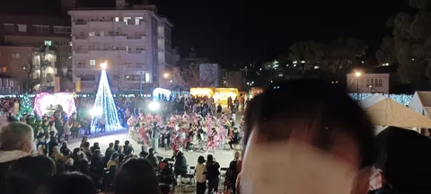 夜空に輝く光のツリーと賑わい