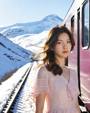 雪山と風に揺れる列車