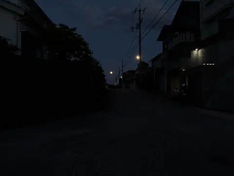 夜道に輝く月と街灯