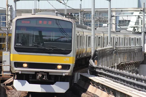 黄色い帯が鮮やかな、都会の電車