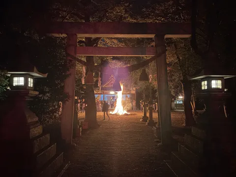 夜の鳥居、燃え盛る篝火