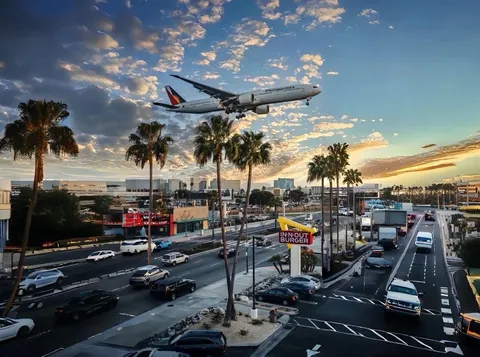 街上空、夕焼けの旅客機