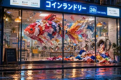 布の魚が舞う夜のランドリー