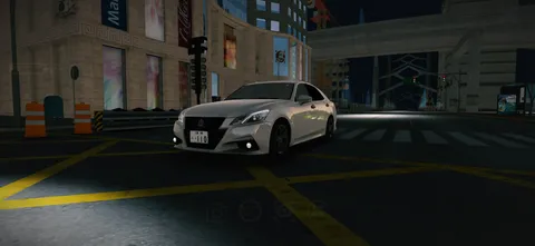 夜の街灯と白色セダン
