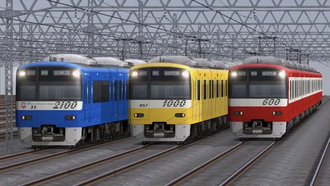 ３色の電車が並ぶ軌道