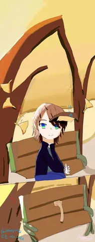 秋のベンチで佇む少年