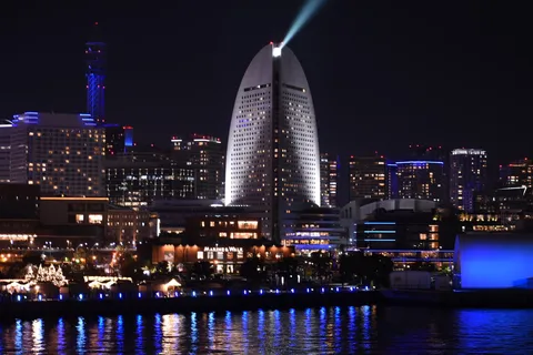 夜の港、光の競演