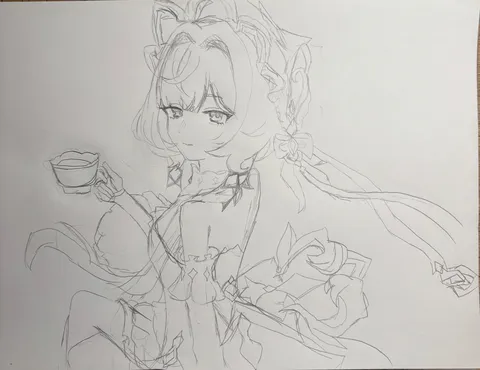 ティーカップと少女の儚げな鉛筆画