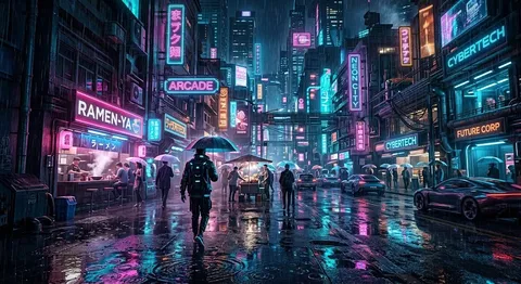雨に濡れるネオン街