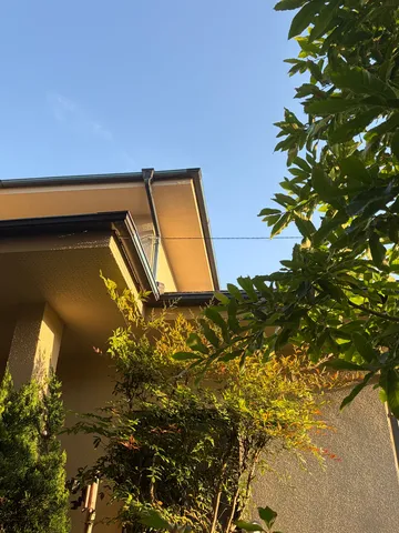 夕暮れ時の屋根と緑