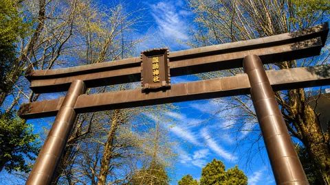 青空を仰ぐ神社の鳥居