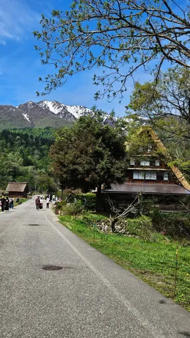雪山と茅葺きの里路