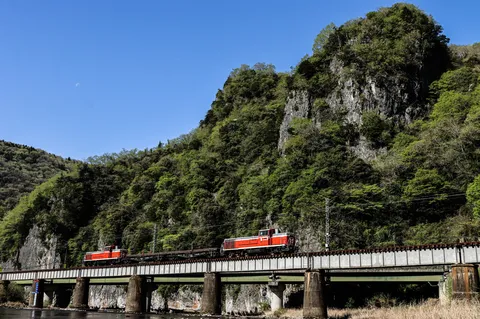 緑深き山と鉄橋を跨ぐ列車