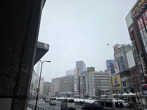 静かに雪が舞う都市の情景