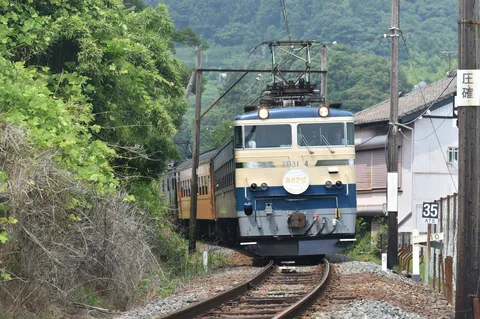 緑の中を駆けるレトロ電車