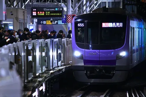深夜の通勤ラッシュ、紫の列車