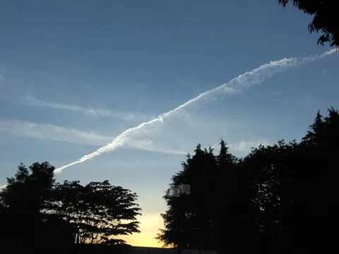 空に伸びる白い軌跡、夕景の樹木