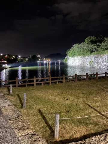 灯り映す夜の川辺