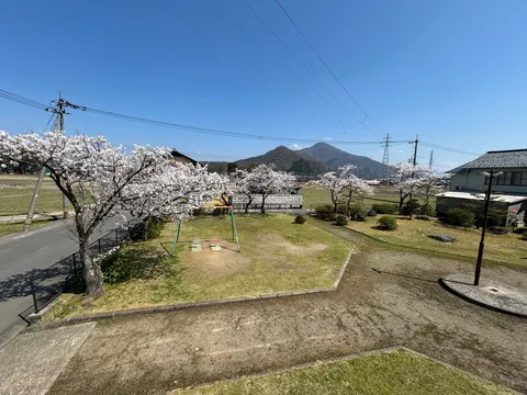 春風に揺れる桜と山々