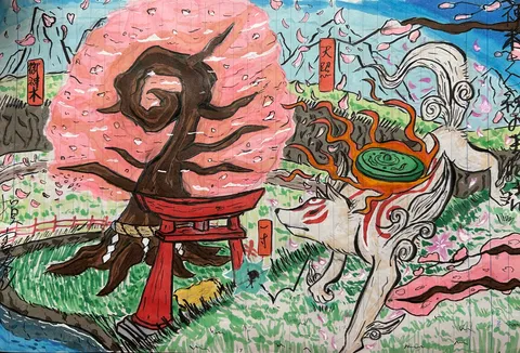 桜と神獣の幻想風景