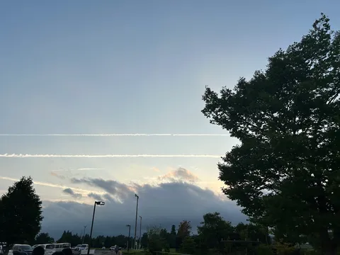 空に描かれた飛行機雲、夏空の趣