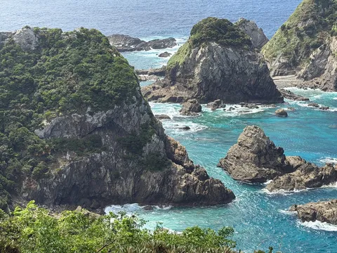 荒々しい自然と青い海のコントラスト