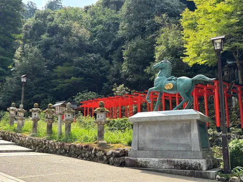 緑陰に立つ神馬と朱の鳥居