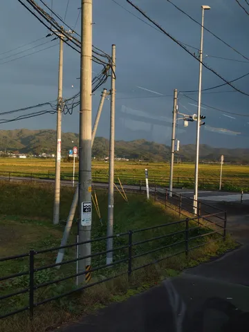 夕景の電柱と田園風景