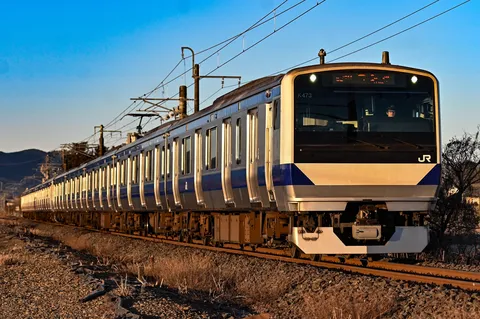 澄んだ空と伸びゆく列車