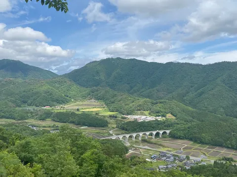 緑深まる山々とアーチ橋の協奏曲