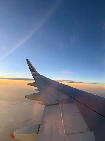 飛行機から見た、茜色の空と翼